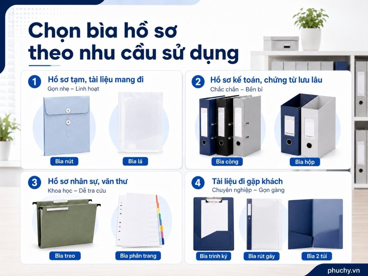 Cách chọn bìa hồ sơ theo nhu cầu sử dụng như hồ sơ tạm, chứng từ lưu lâu, hồ sơ nhân sự và tài liệu gặp khách