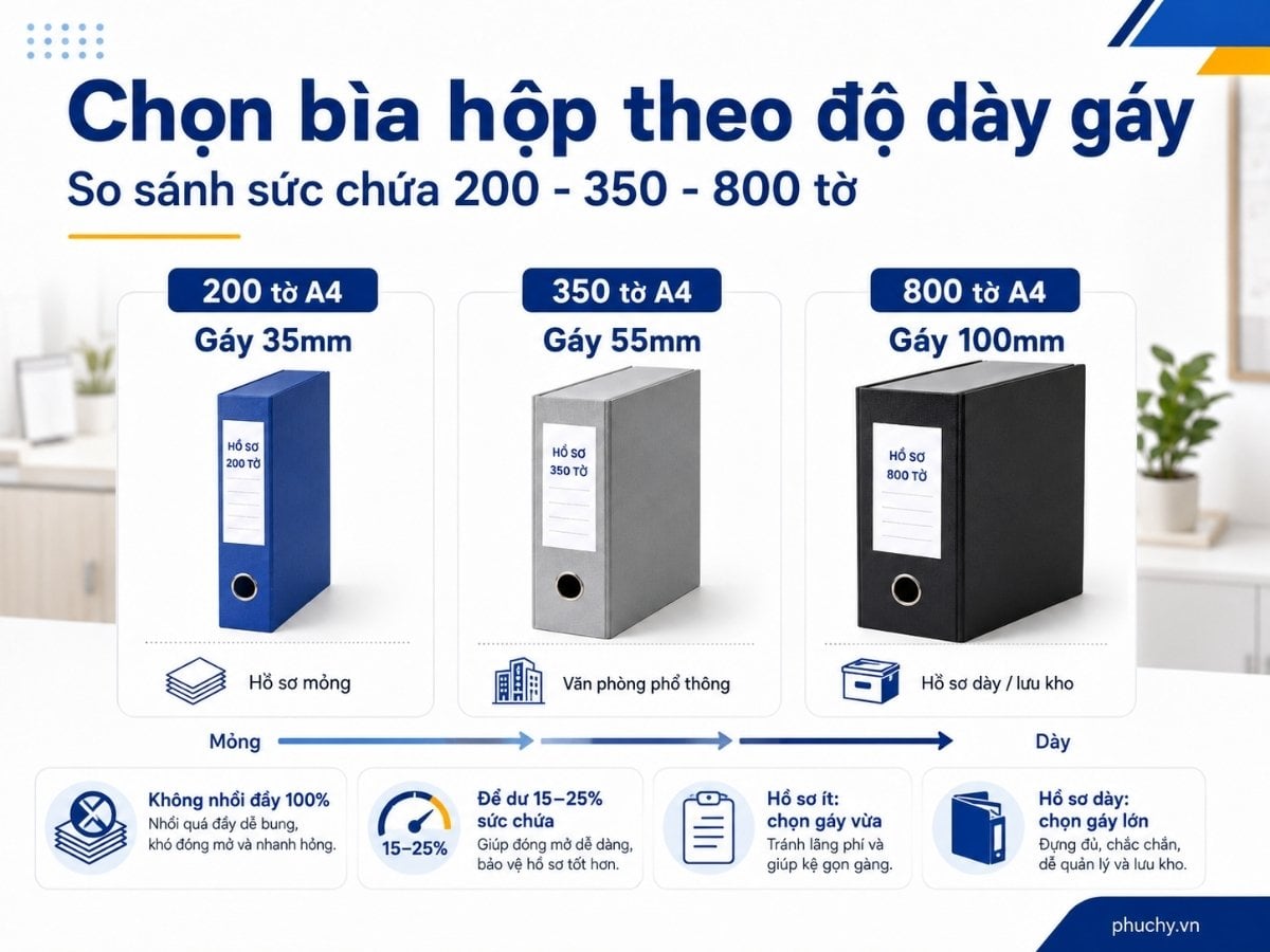 Cách chọn bìa hộp theo độ dày gáy và sức chứa hồ sơ 200 350 800 tờ A4