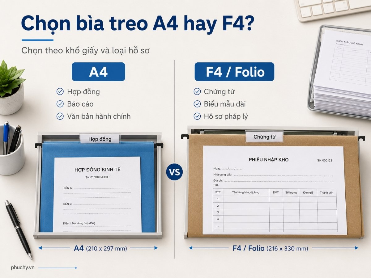 Chọn bìa treo A4 hay F4 cho hồ sơ văn phòng