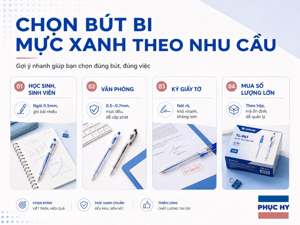 Chọn bút bi mực xanh theo nhu cầu sử dụng