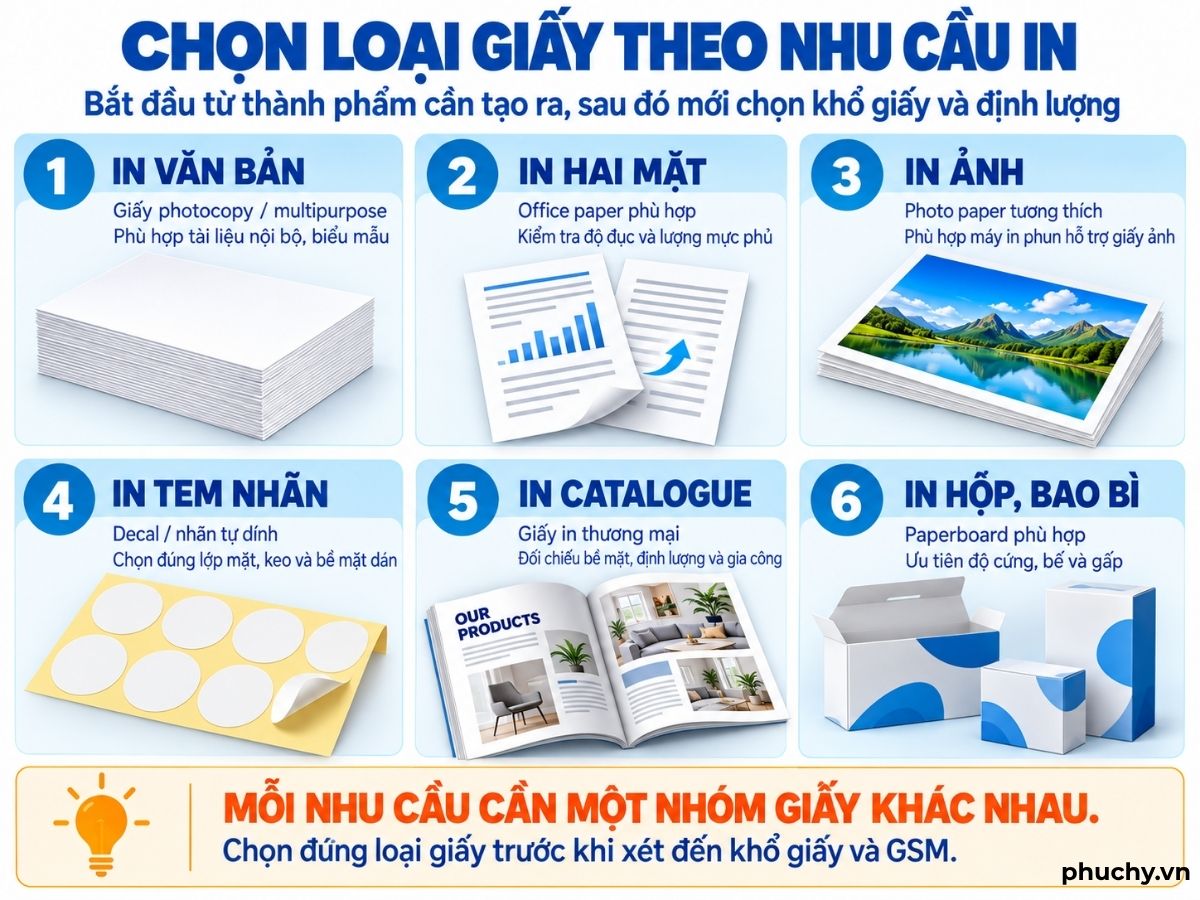 Chọn loại giấy theo nhu cầu in văn bản, ảnh, tem nhãn, catalogue và bao bì