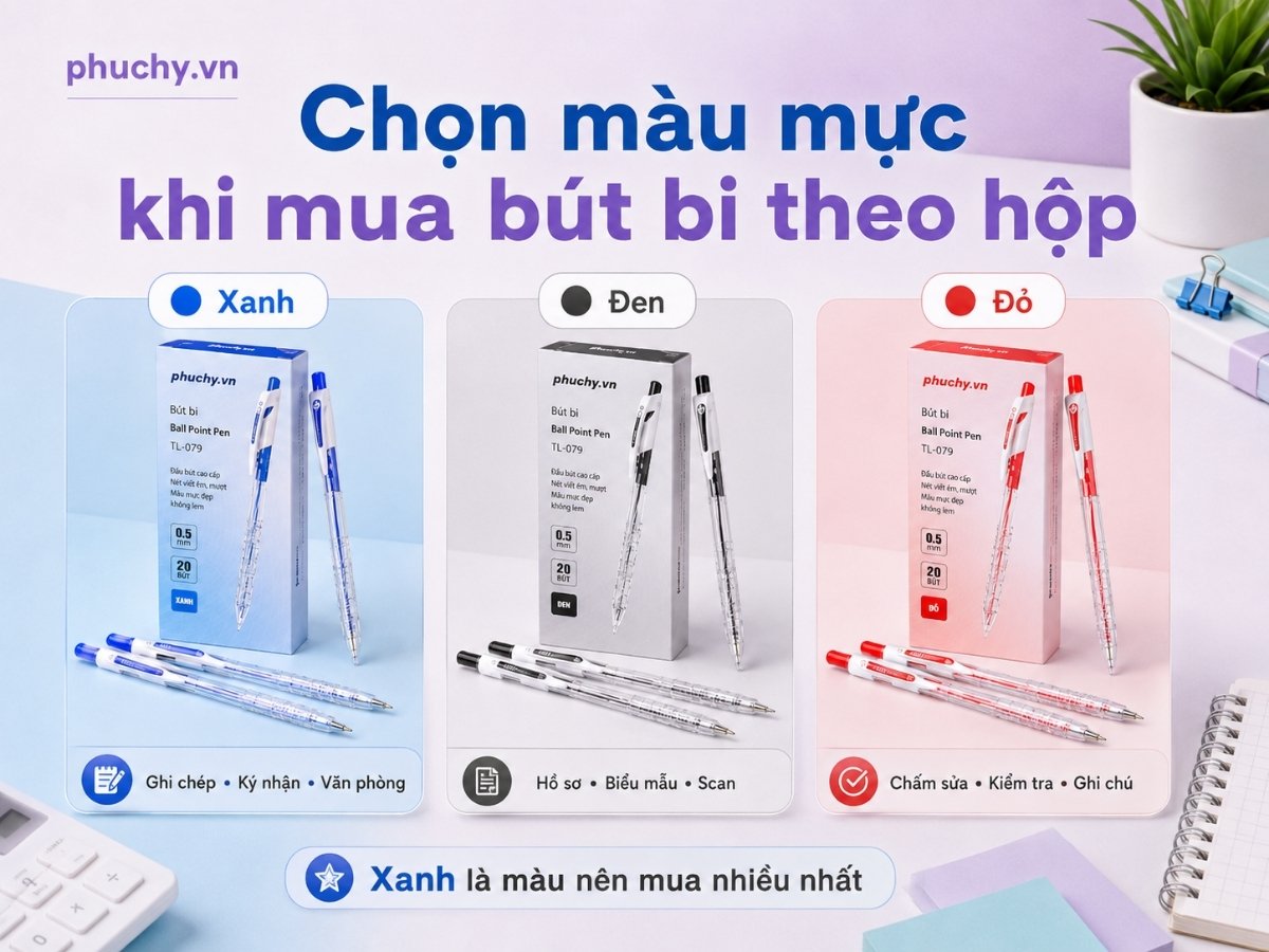Cách chọn màu mực bút bi theo hộp xanh đen đỏ