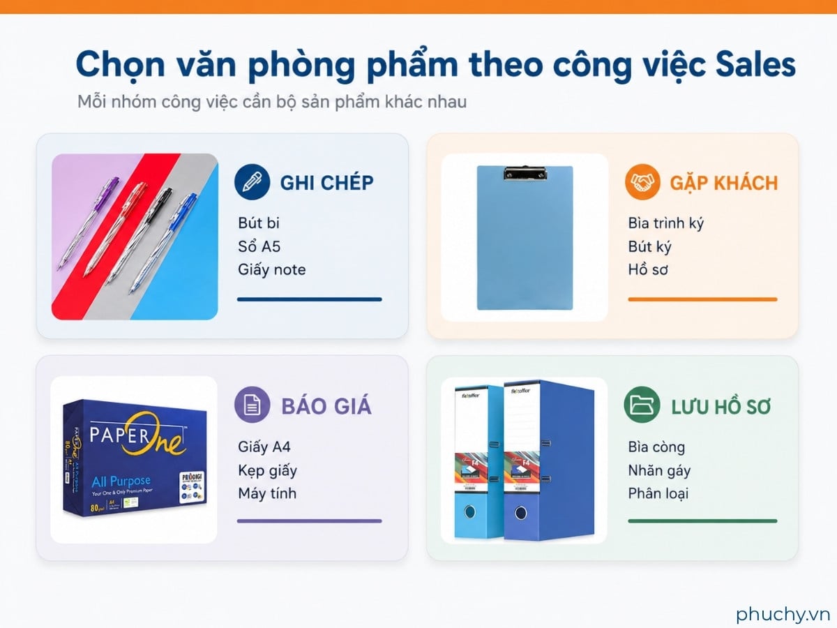 Chọn văn phòng phẩm theo công việc Sales gồm ghi chép, gặp khách, báo giá và lưu hồ sơ