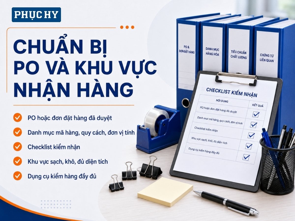 Chuẩn bị PO, checklist và khu vực nhận văn phòng phẩm