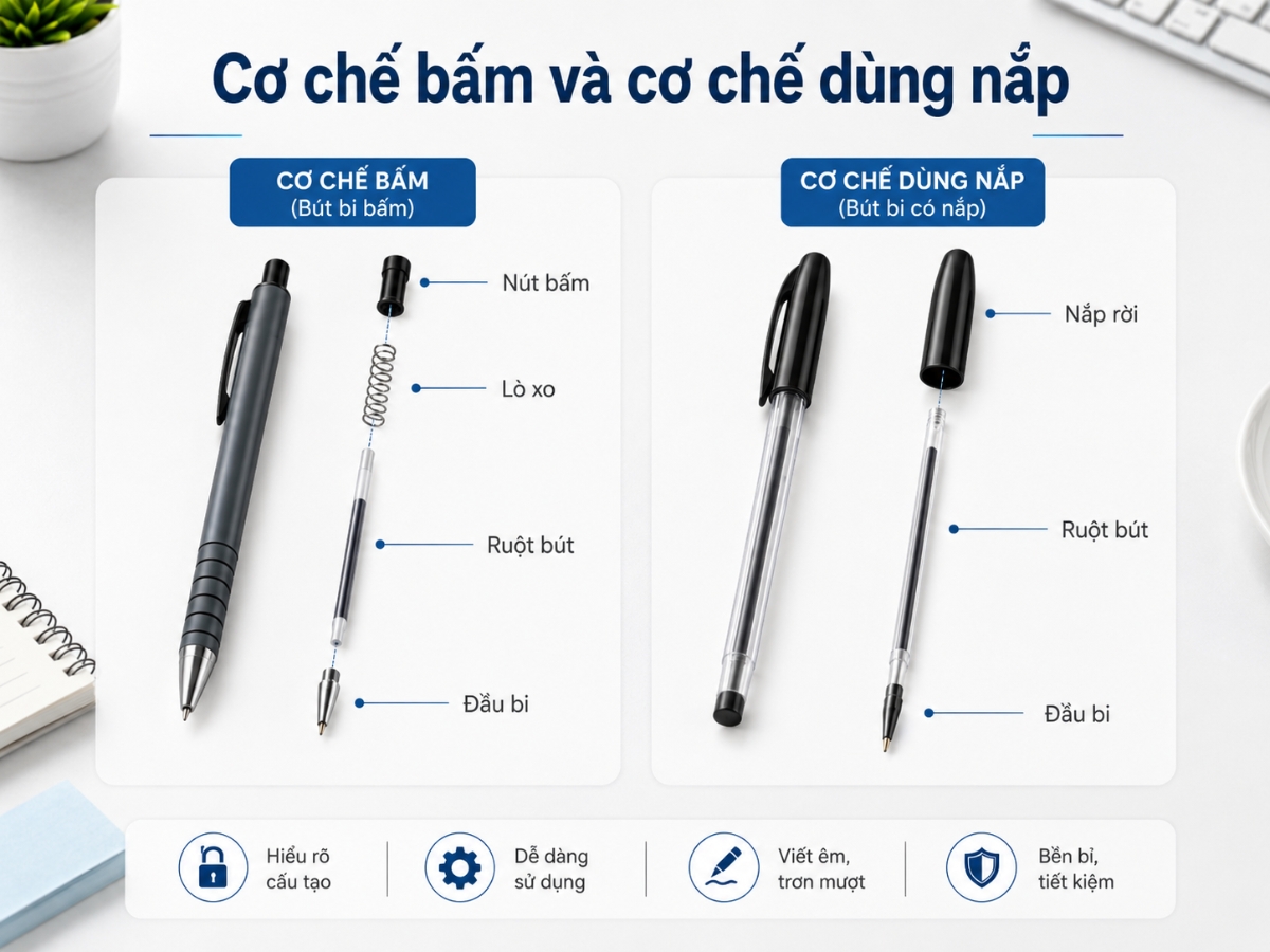 Cơ chế bút bi bấm và bút bi có nắp