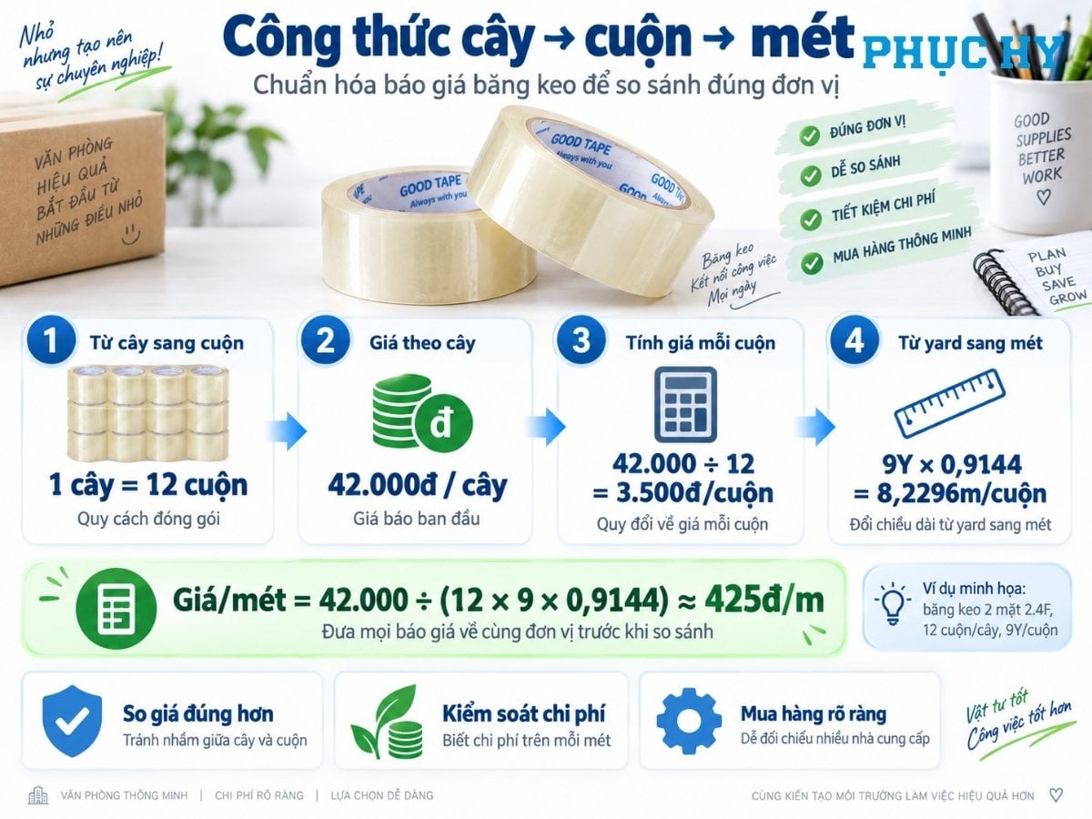 Công thức quy đổi giá băng keo từ cây sang cuộn và giá mỗi mét
