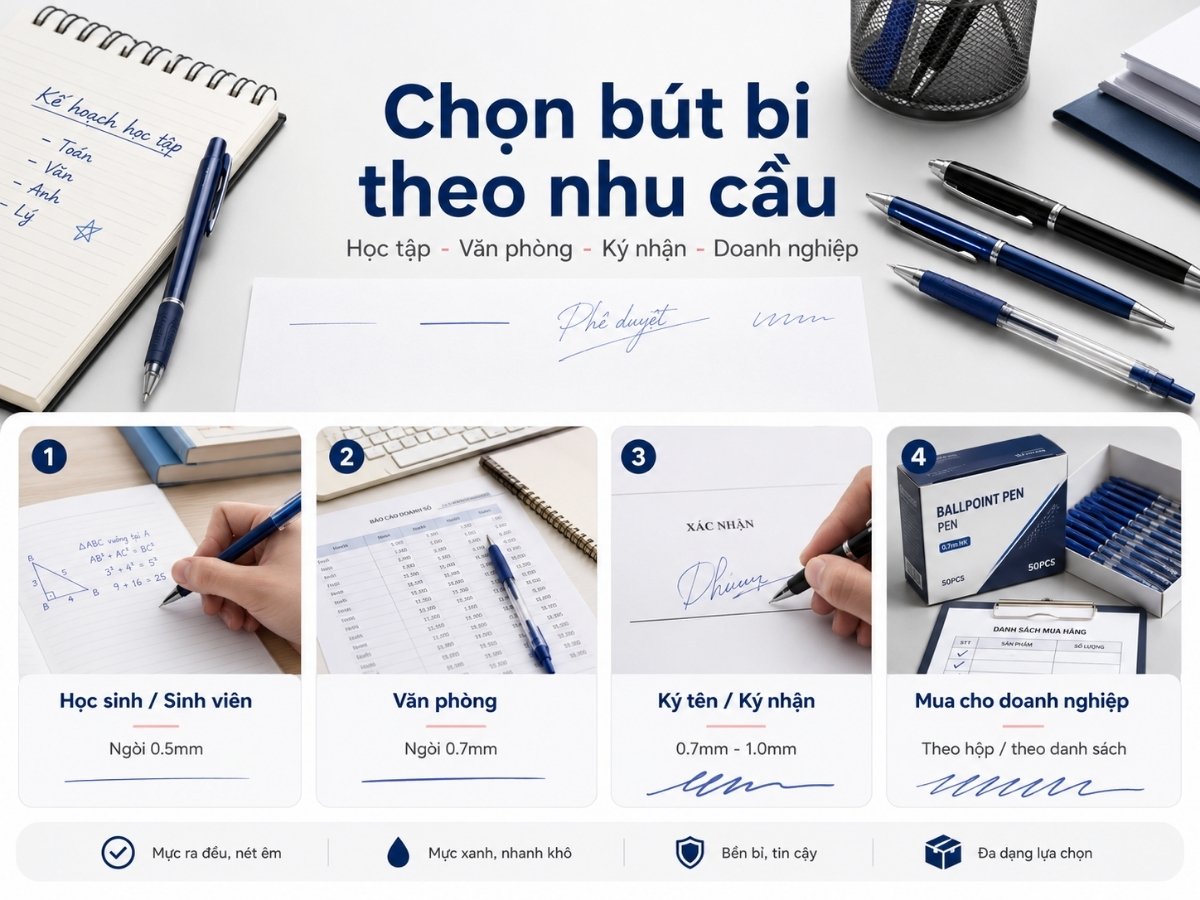 Chọn bút bi theo nhu cầu học tập văn phòng ký nhận và doanh nghiệp