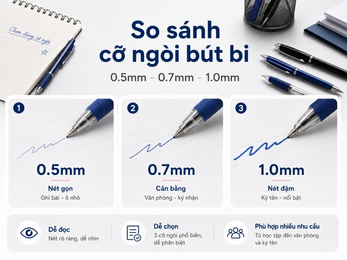 So sánh cỡ ngòi bút bi theo nhu cầu viết và ghi chép