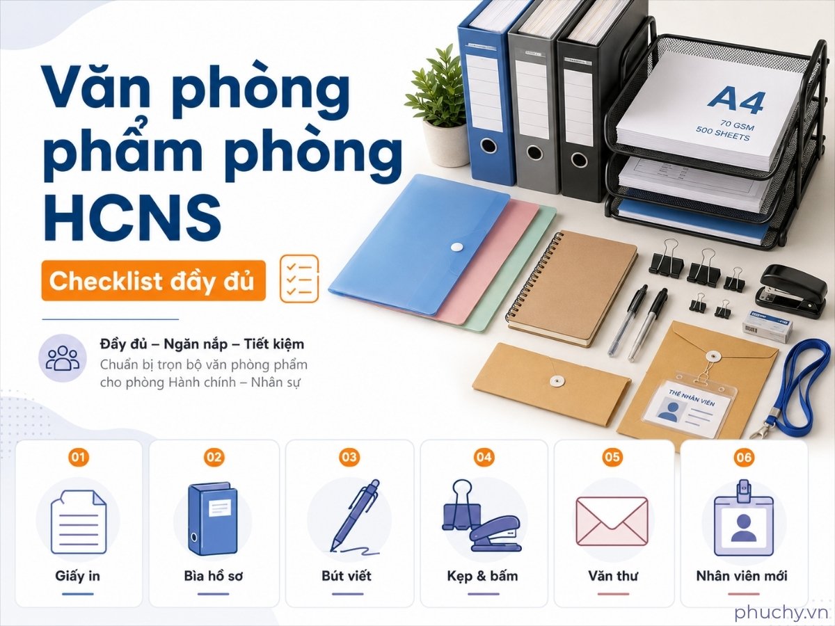 Danh mục văn phòng phẩm cho phòng hành chính nhân sự gồm giấy bút bìa hồ sơ và dụng cụ văn thư