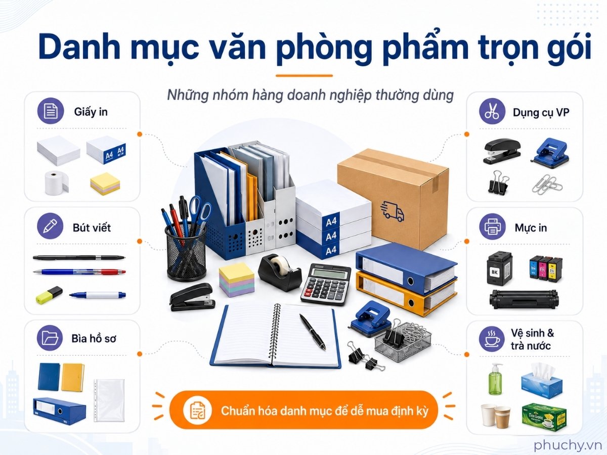 Danh mục văn phòng phẩm trọn gói cho công ty gồm giấy in, bút viết, bìa hồ sơ, dụng cụ văn phòng, mực in và vật tư vệ sinh