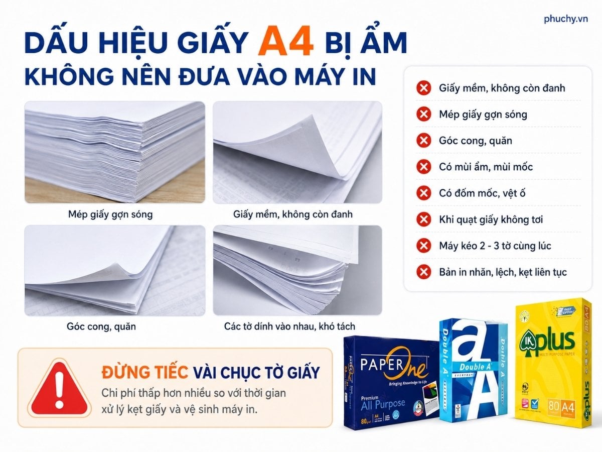 Dấu hiệu giấy A4 bị ẩm, cong mép và không nên đưa vào máy in