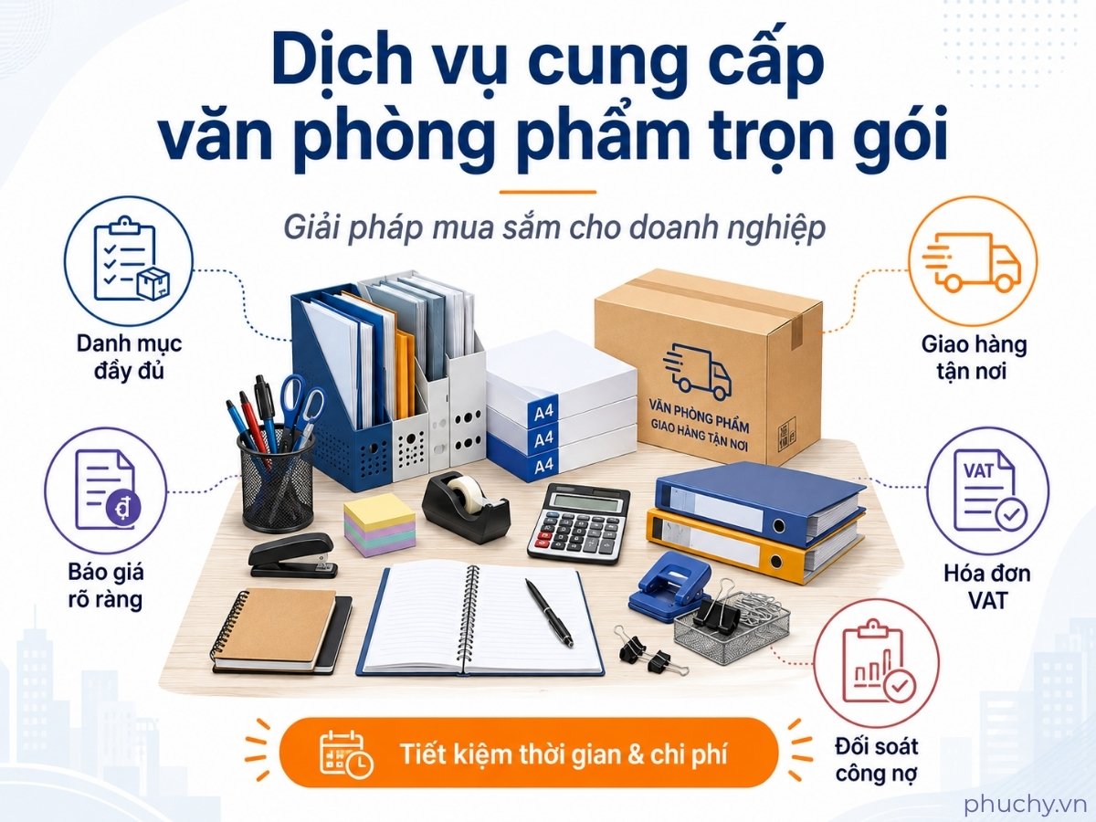 Dịch vụ cung cấp văn phòng phẩm trọn gói cho doanh nghiệp gồm báo giá, giao hàng, hóa đơn VAT và đối soát công nợ