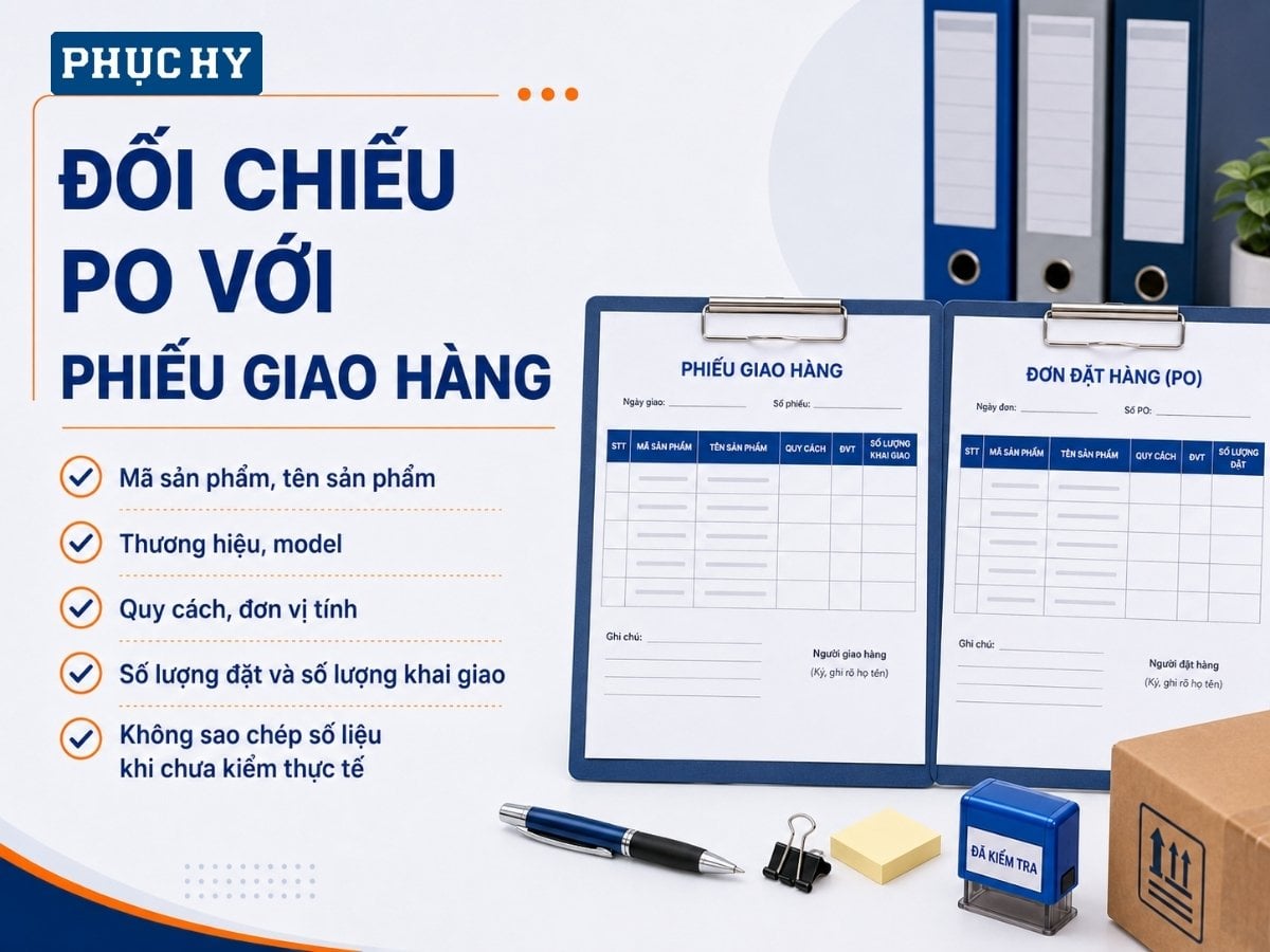 Đối chiếu PO với phiếu giao hàng văn phòng phẩm