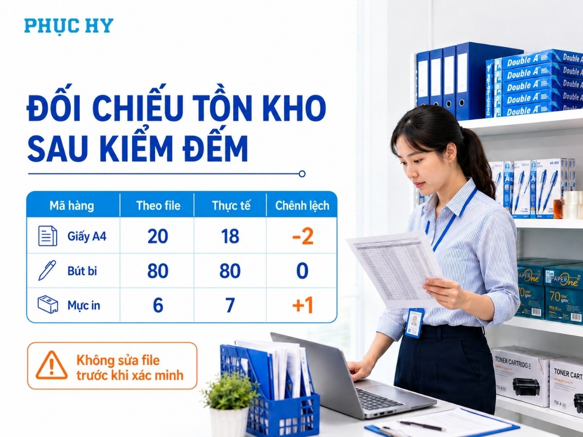 Đối chiếu tồn theo file, tồn thực tế và chênh lệch văn phòng phẩm