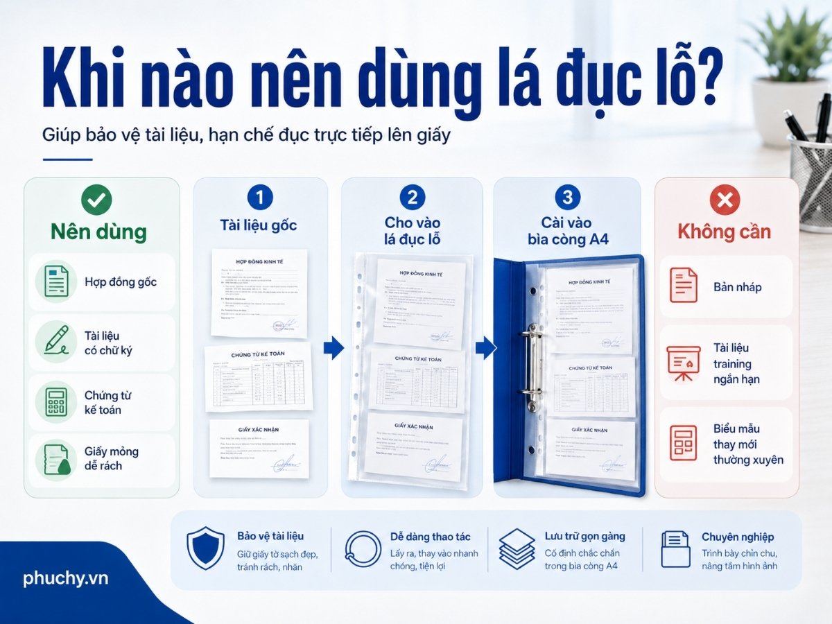 Cách dùng lá đục lỗ với bìa còng A4 để bảo vệ hợp đồng, chứng từ và tài liệu gốc