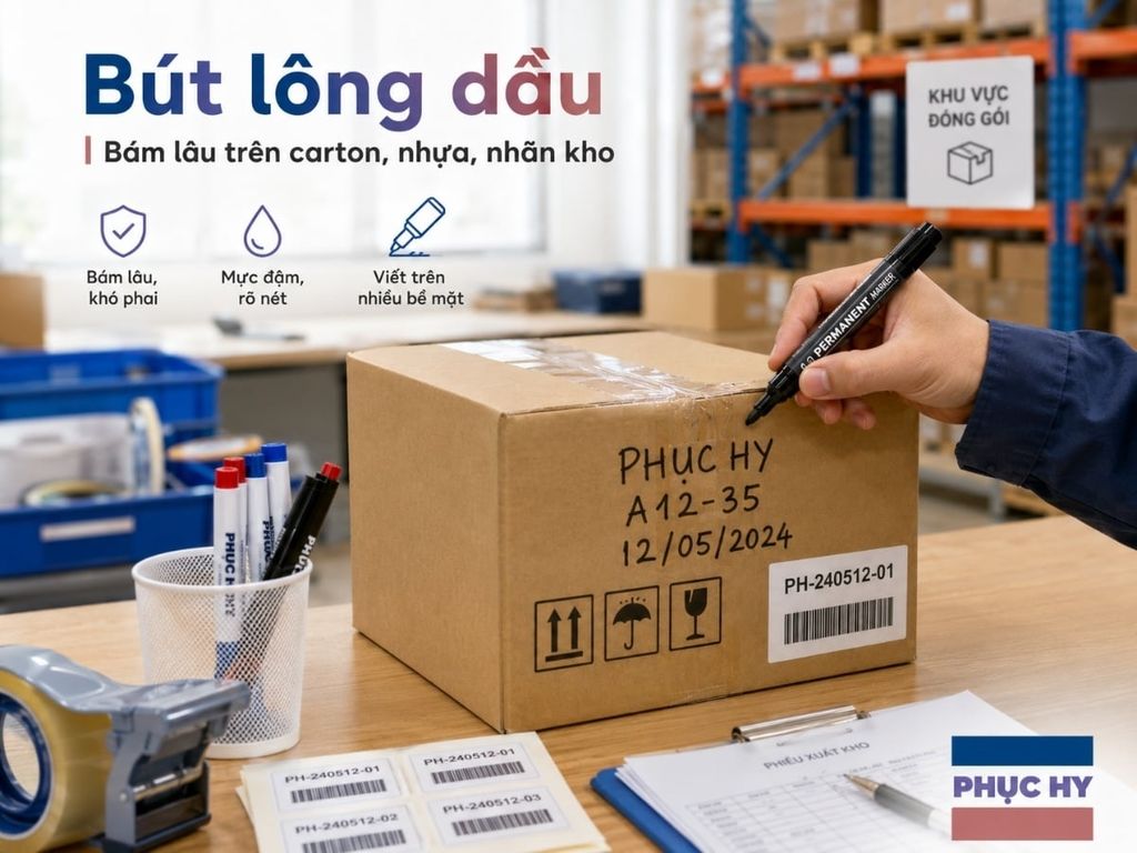 Bút lông dầu viết trên thùng carton và nhãn kho