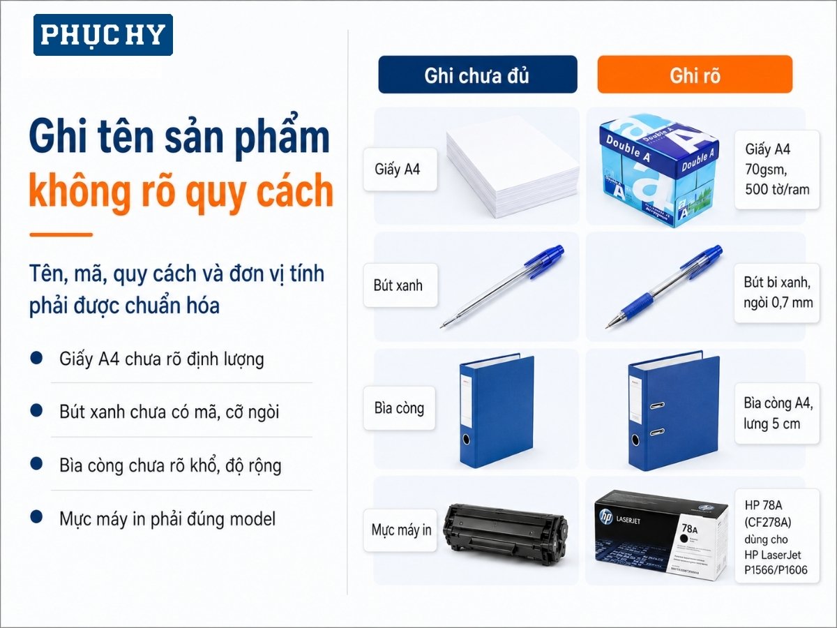 Ghi tên sản phẩm không rõ quy cách dễ dẫn đến giao sai hàng