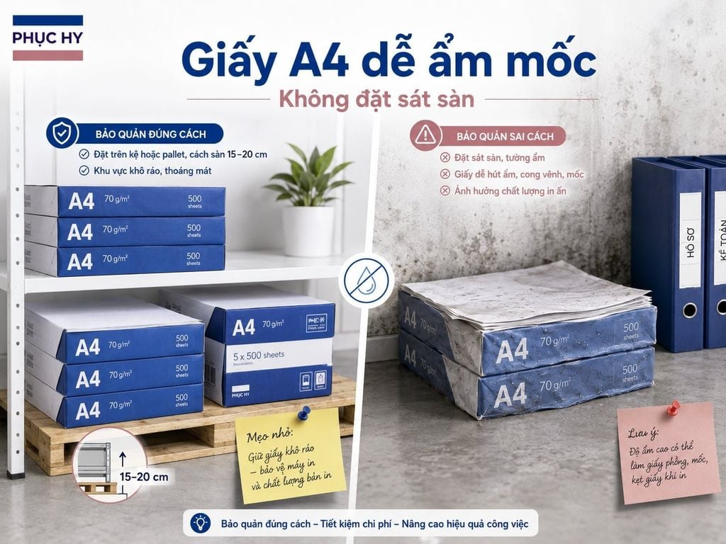 Giấy A4 bị ẩm mốc cong vênh do bảo quản sai