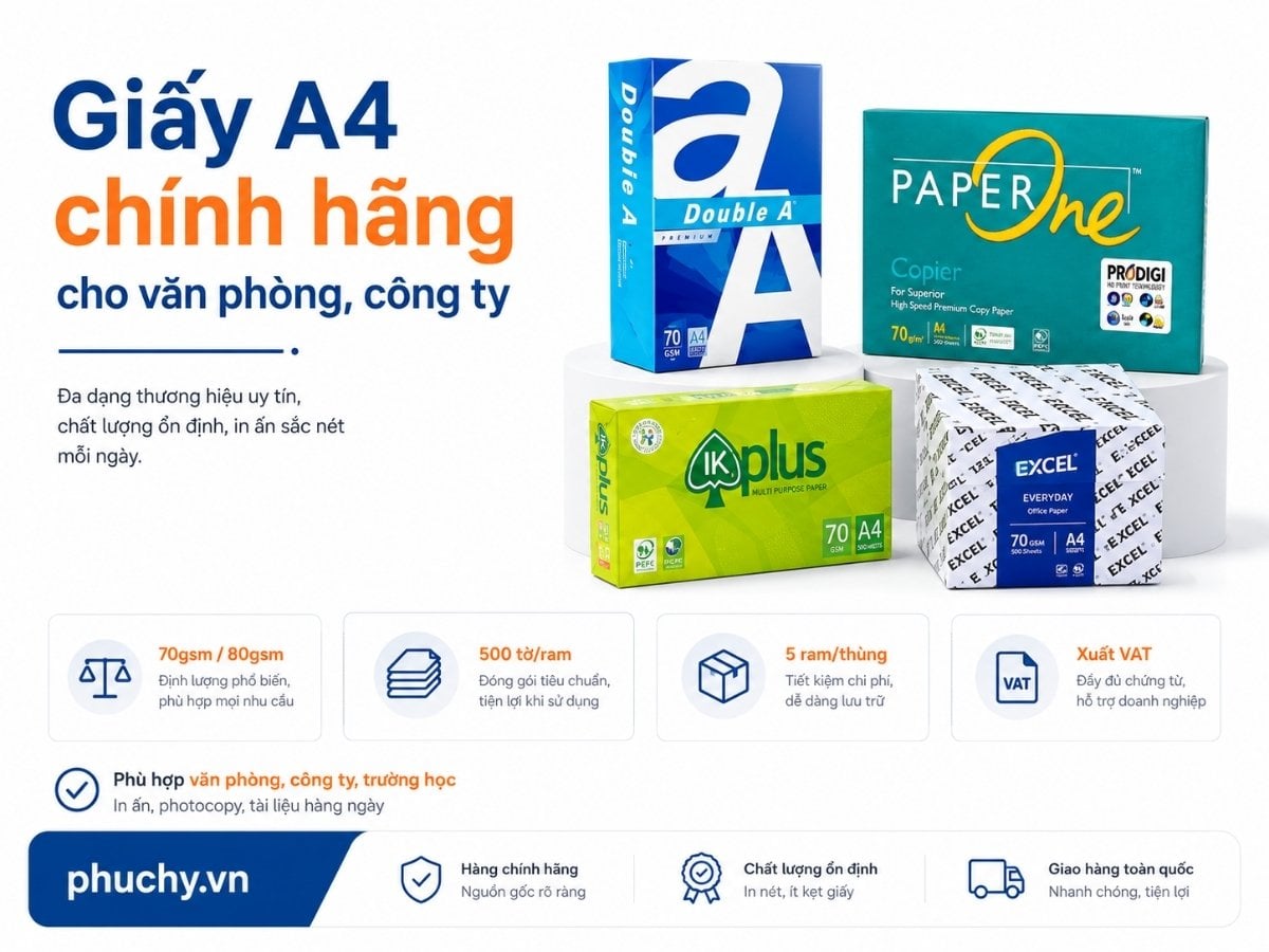 Giấy A4 chính hãng cho văn phòng công ty gồm Double A PaperOne IK Plus Excel