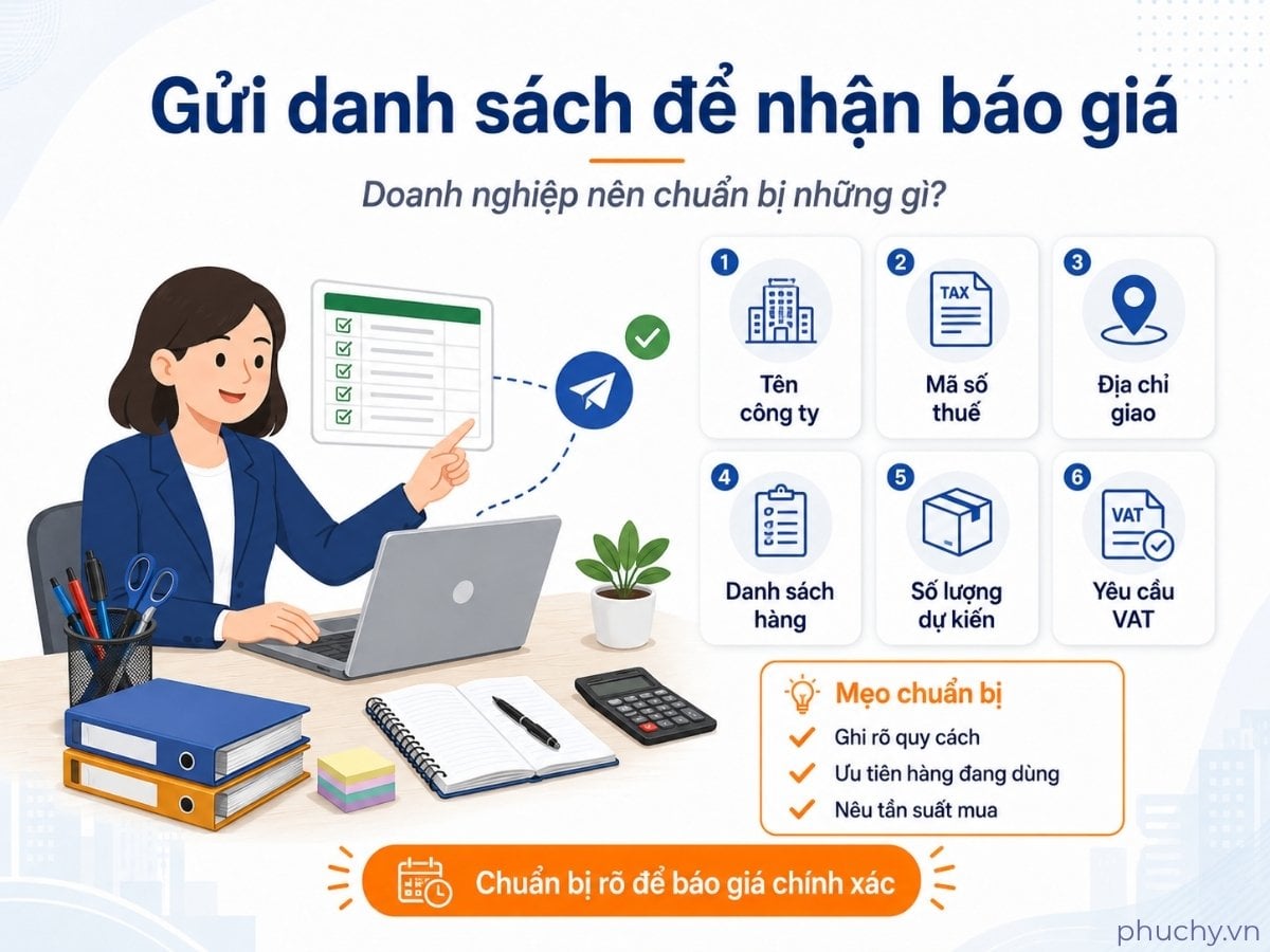 Doanh nghiệp gửi danh sách sản phẩm, mã số thuế, địa chỉ giao và yêu cầu VAT để nhận báo giá văn phòng phẩm chính xác