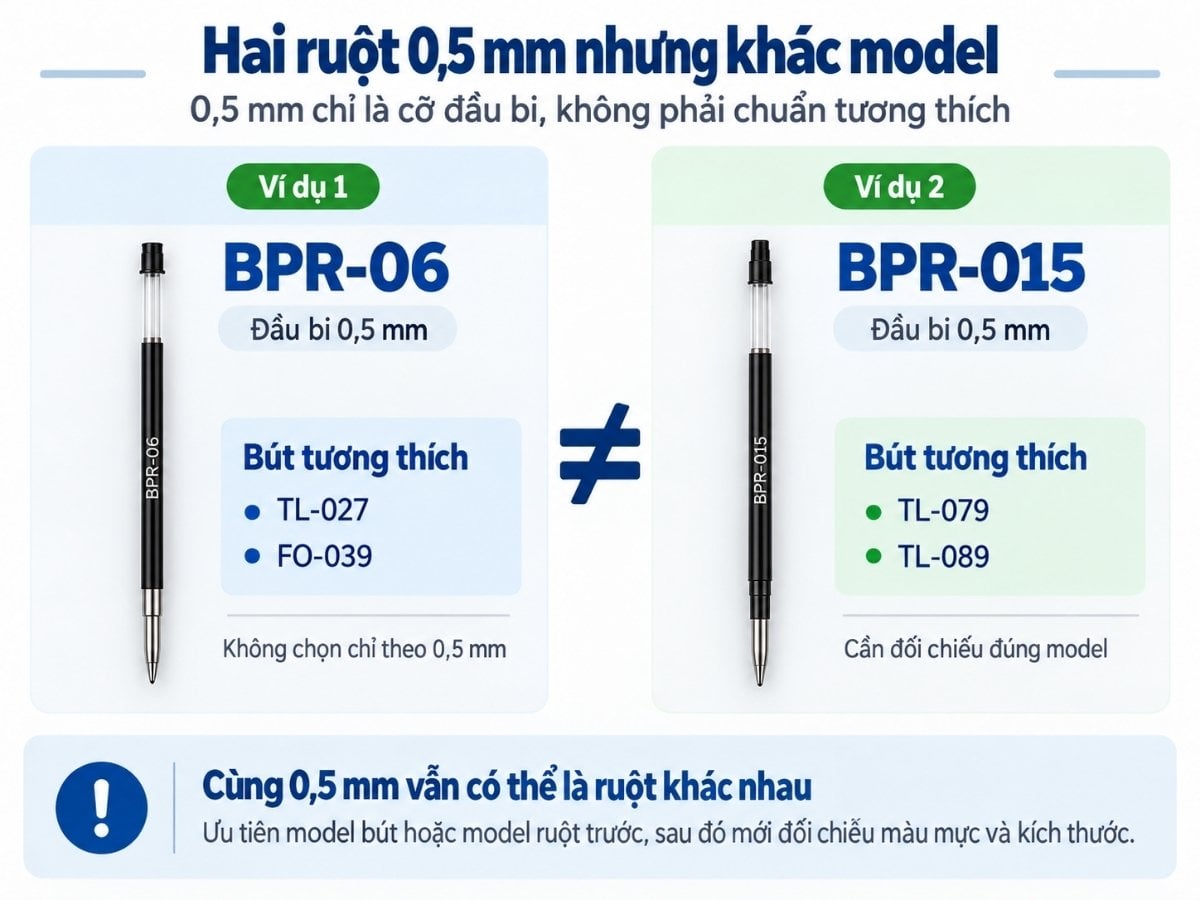 Hai ruột bút BPR-06 và BPR-015 cùng 0,5 mm nhưng khác model tương thích