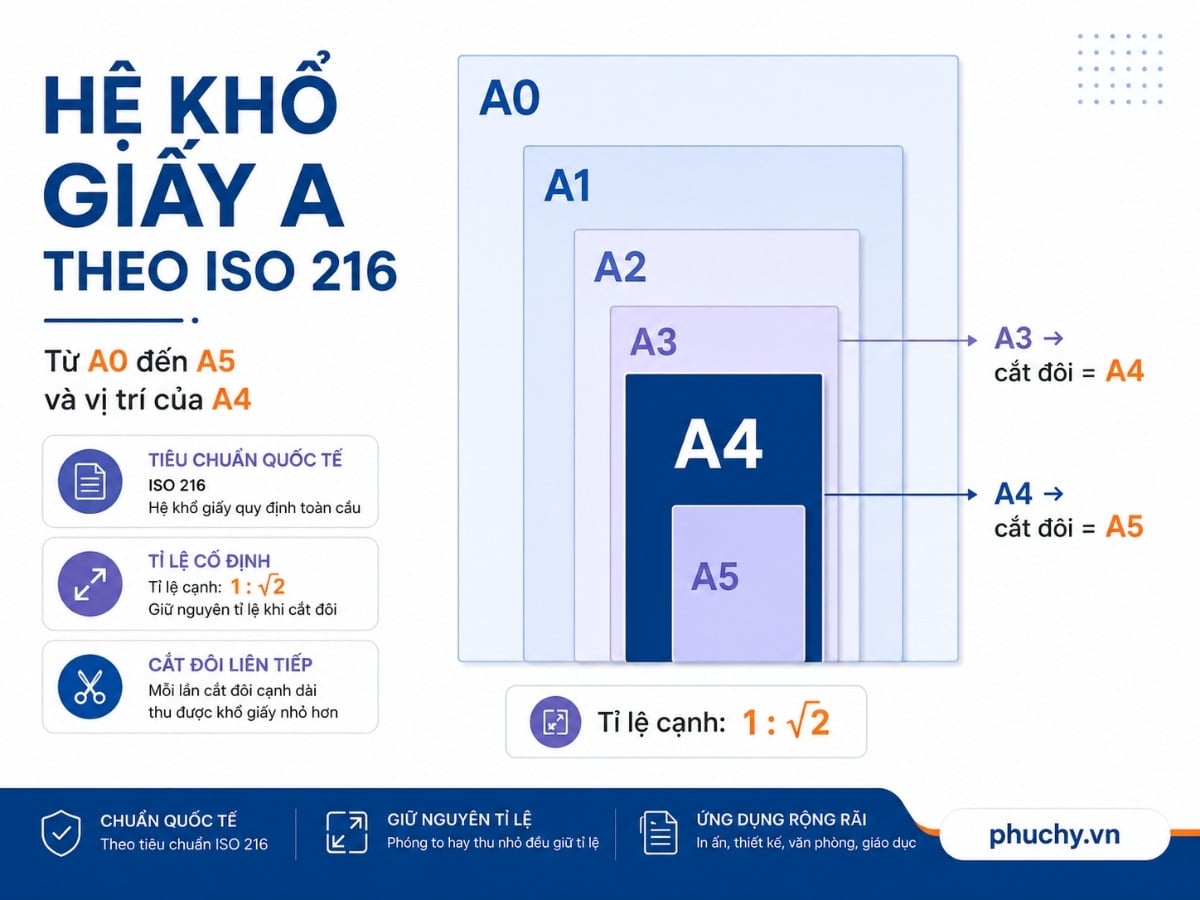 Hệ khổ giấy A theo ISO 216 từ A0 đến A5 và vị trí của giấy A4