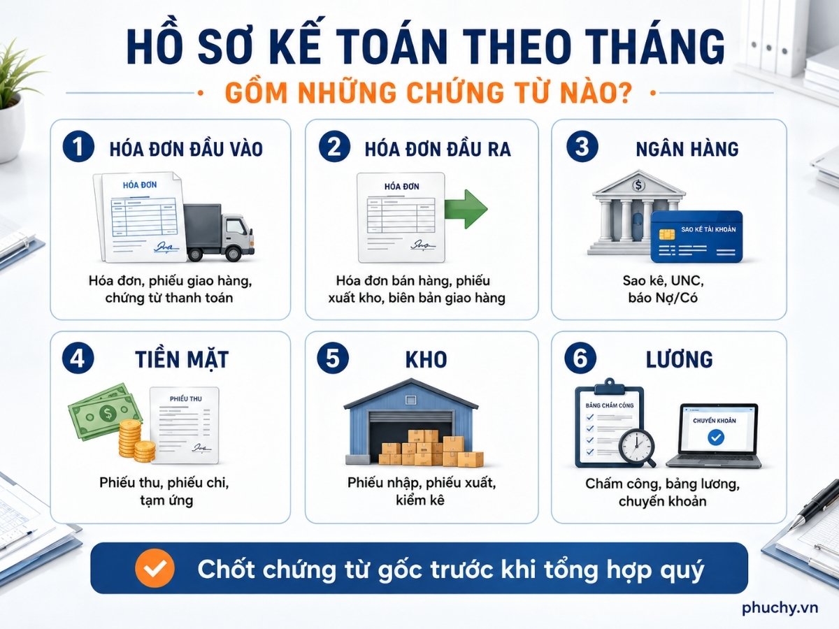 Hồ sơ kế toán theo tháng gồm hóa đơn ngân hàng tiền mặt kho lương