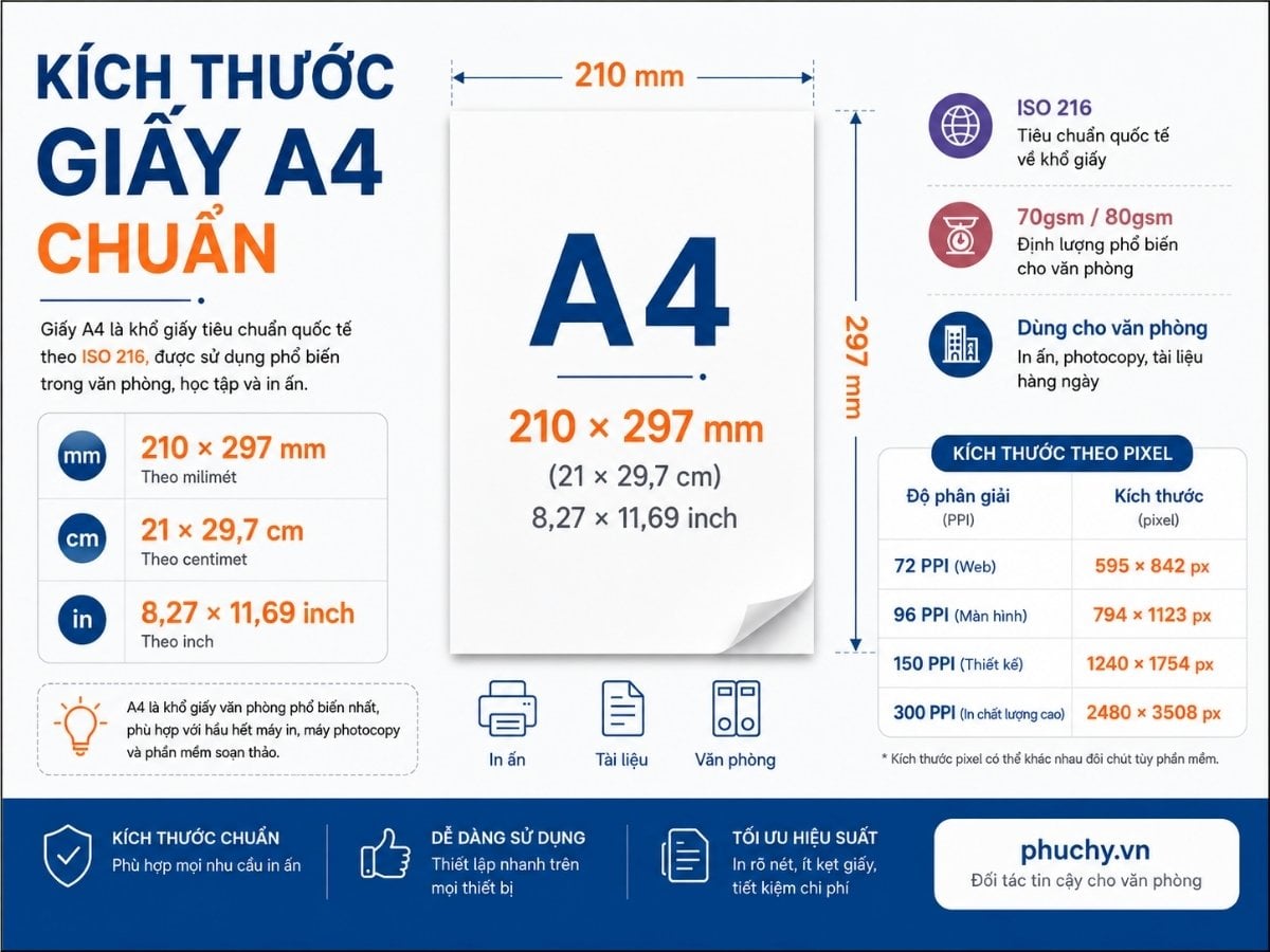 Kích thước giấy A4 210 x 297 mm theo mm cm inch và pixel