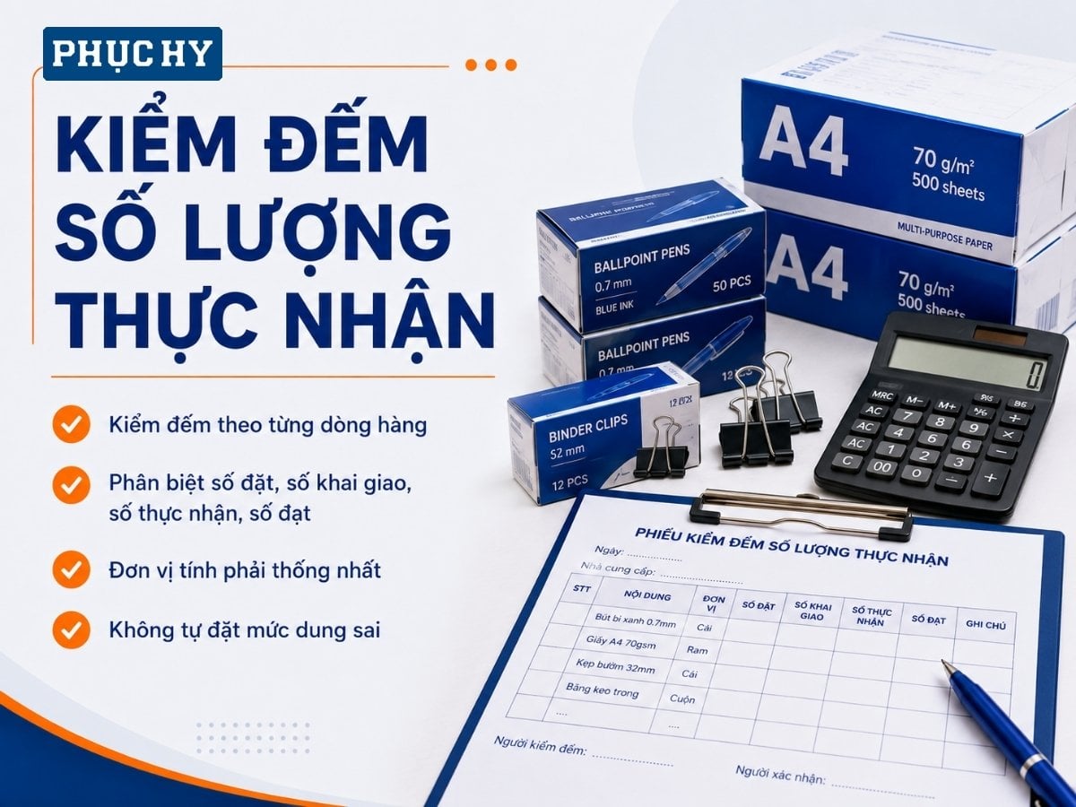 Kiểm đếm số lượng văn phòng phẩm thực nhận theo từng mặt hàng