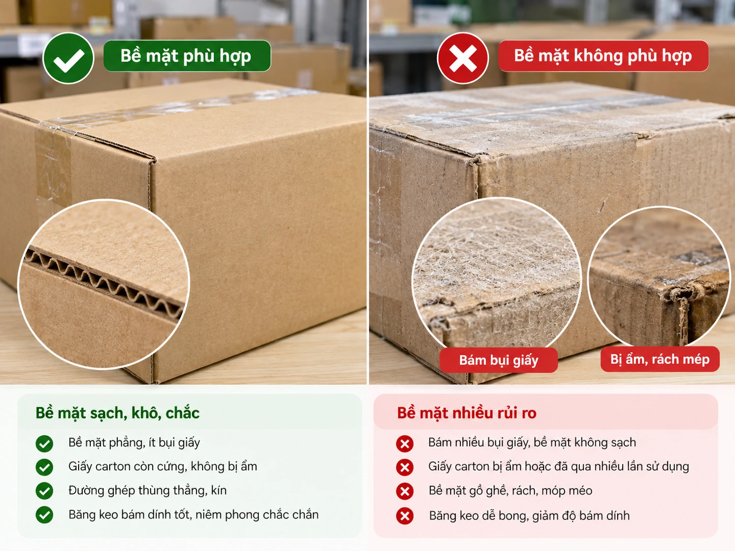 So sánh bề mặt thùng carton sạch, khô với thùng bám bụi, ẩm và rách mép trước khi dán băng keo