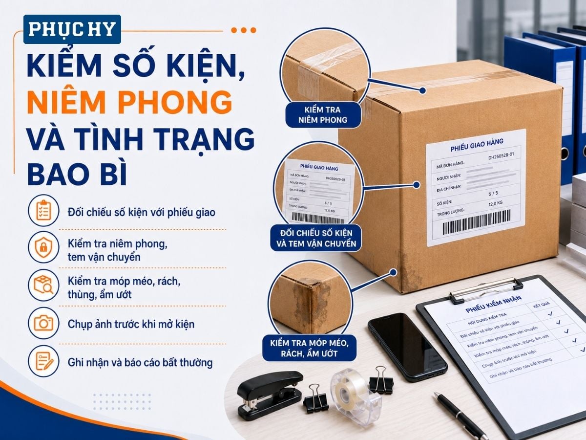 Kiểm tra số kiện, niêm phong và tình trạng bao bì khi nhận hàng