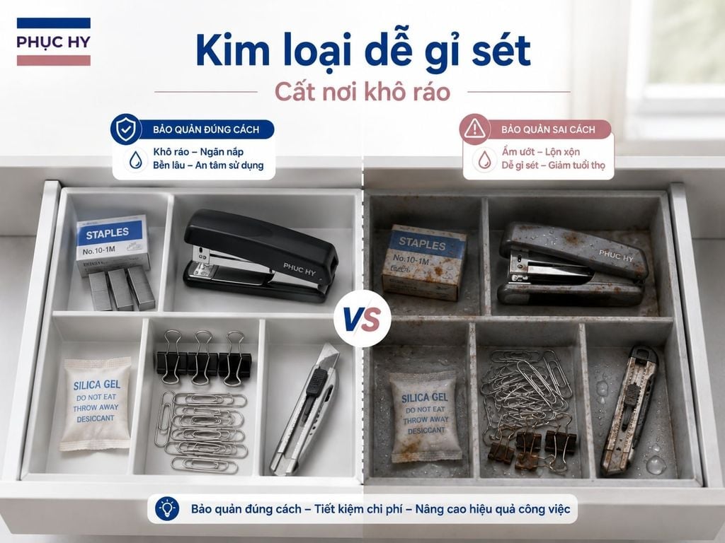 Kim bấm máy bấm kim dao rọc giấy bị gỉ sét do ẩm