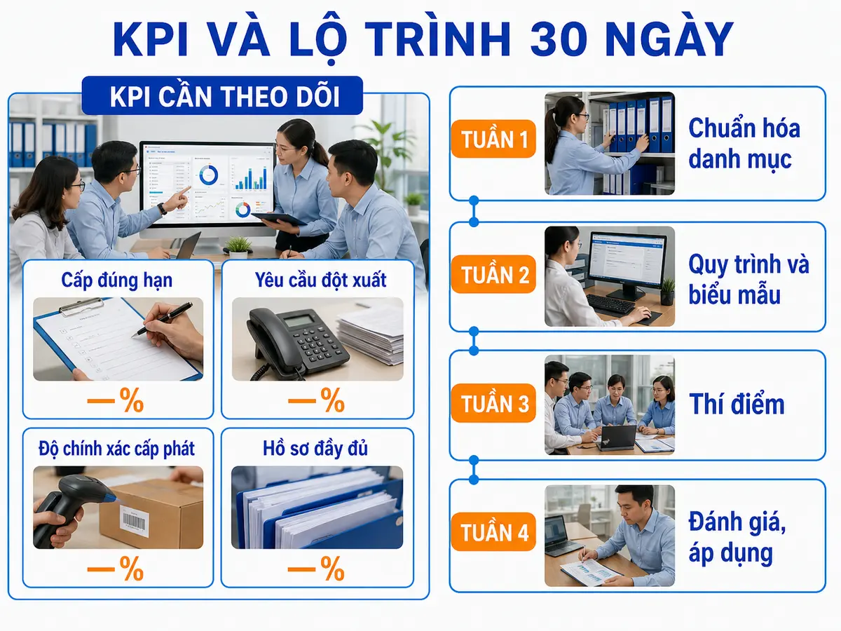 KPI và lộ trình triển khai quy trình cấp phát văn phòng phẩm trong 30 ngày