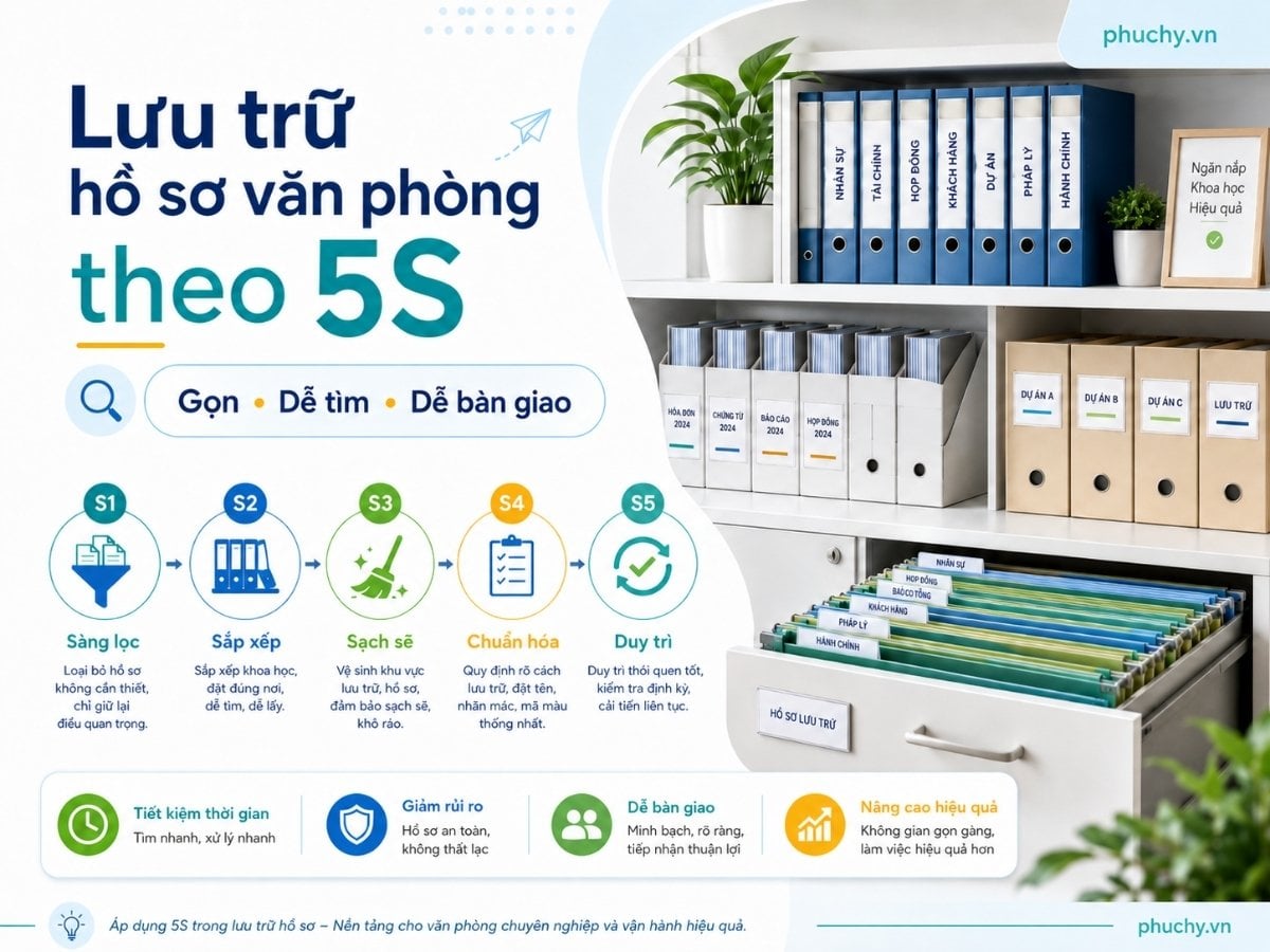 Lưu trữ hồ sơ văn phòng theo 5S giúp tài liệu gọn dễ tìm dễ bàn giao