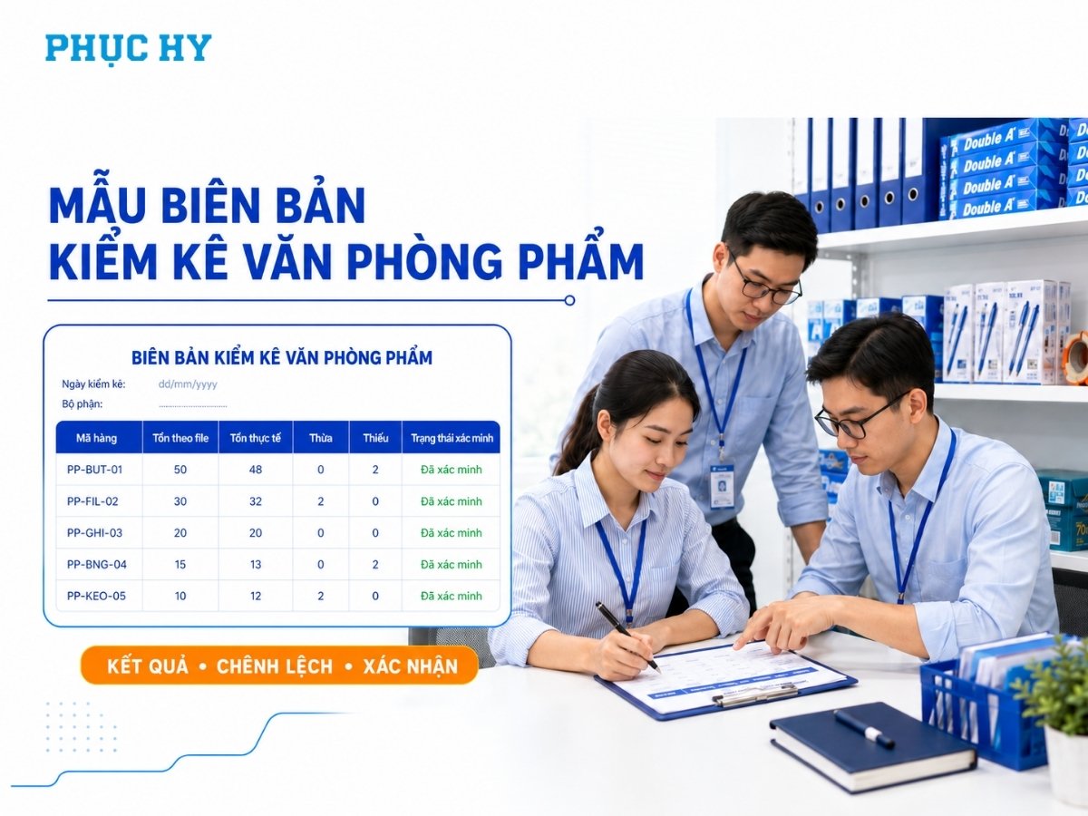 Mẫu biên bản kiểm kê văn phòng phẩm ghi tồn thực tế và chênh lệch