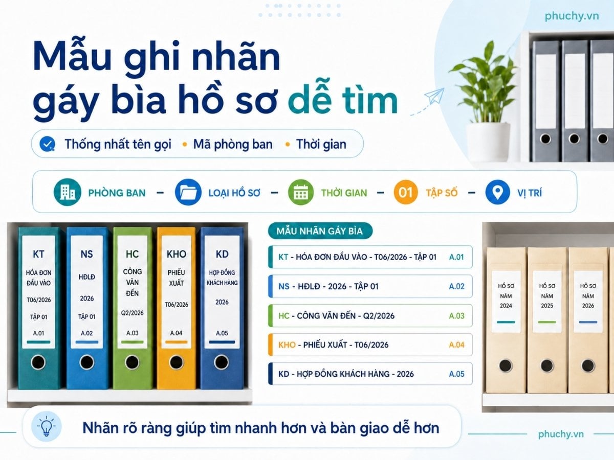 Mẫu ghi nhãn gáy bìa hồ sơ dễ tìm theo phòng ban loại hồ sơ thời gian và vị trí kệ