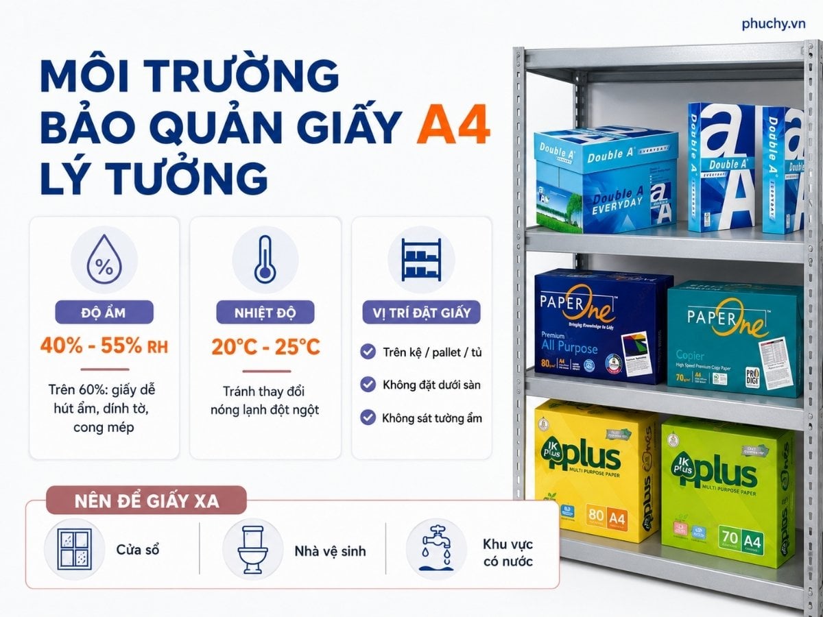 Môi trường bảo quản giấy A4 lý tưởng với độ ẩm 40 đến 55 RH và nhiệt độ ổn định