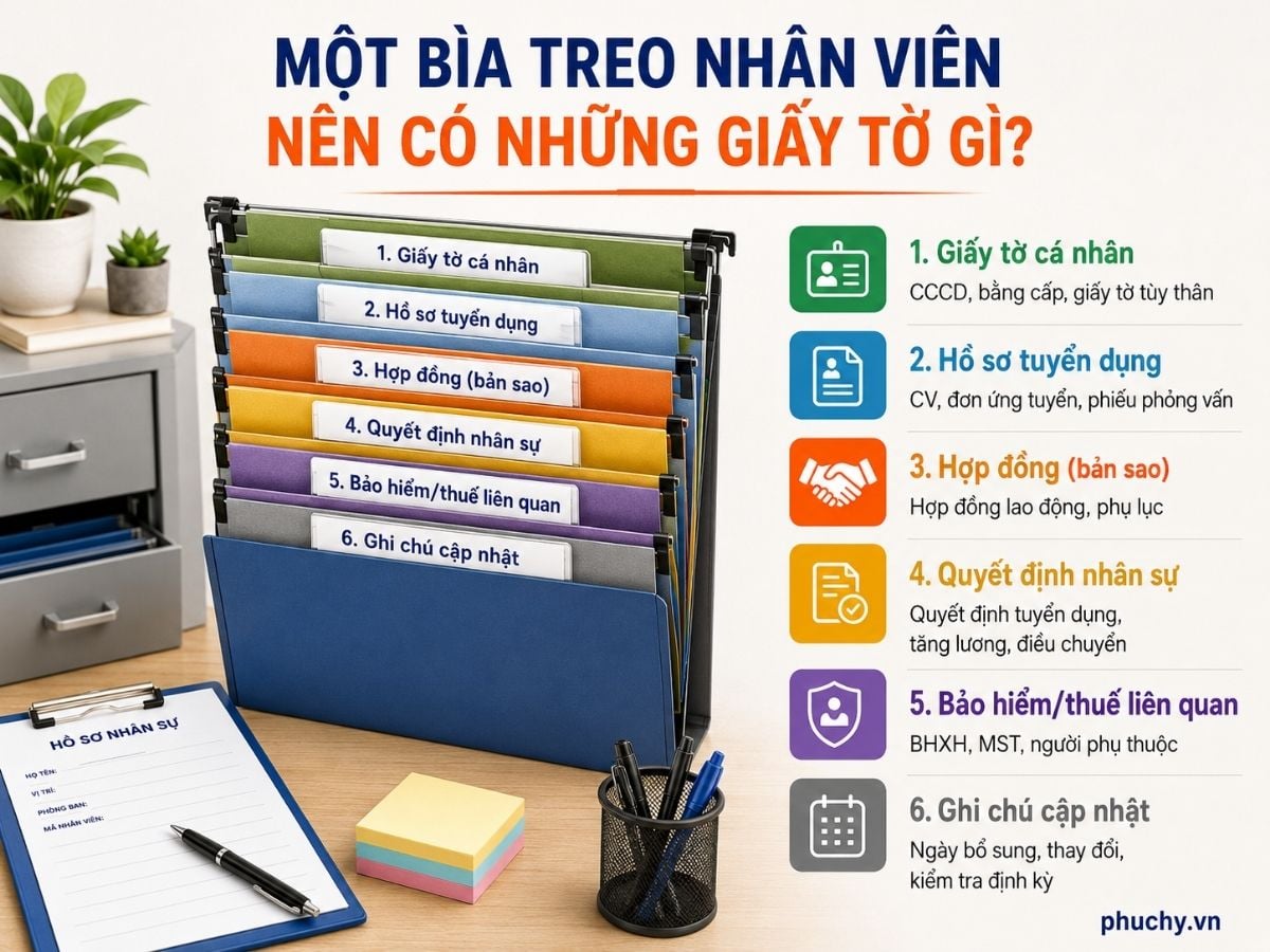 một hồ sơ nhân viên trong bìa treo gồm những giấy tờ gì