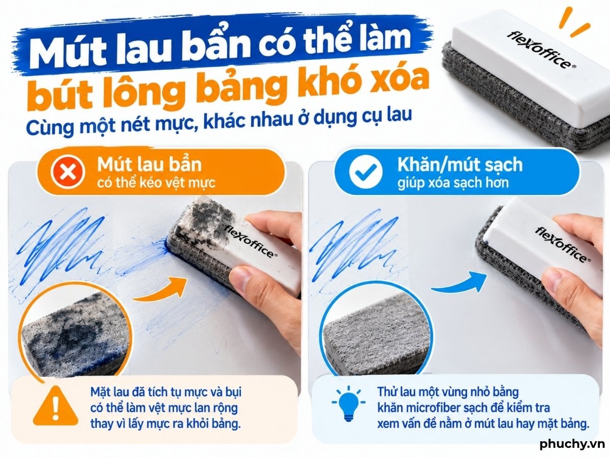 Mút lau bẩn có thể làm mực bút lông bảng bị kéo thành vệt và khó xóa
