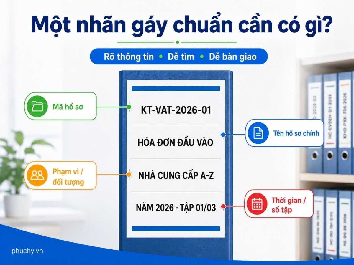 Một nhãn gáy bìa hồ sơ chuẩn cần có mã hồ sơ tên hồ sơ thời gian và số tập