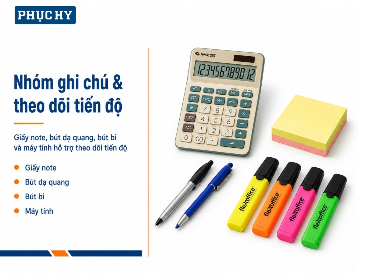 Nhóm giấy ghi chú và vật dụng theo dõi tiến độ cho phòng mua hàng