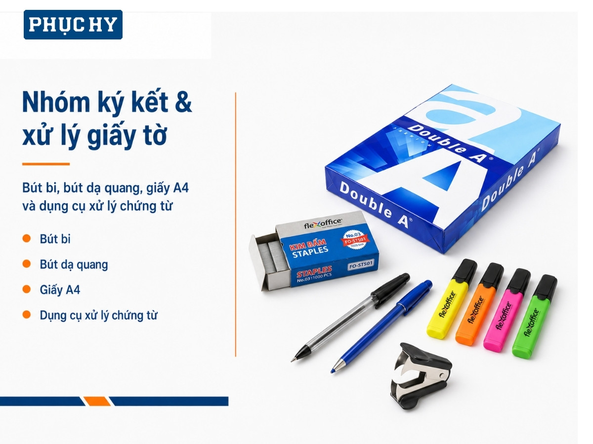 Nhóm kẹp, bấm kim và dụng cụ xử lý giấy tờ cho phòng mua hàng