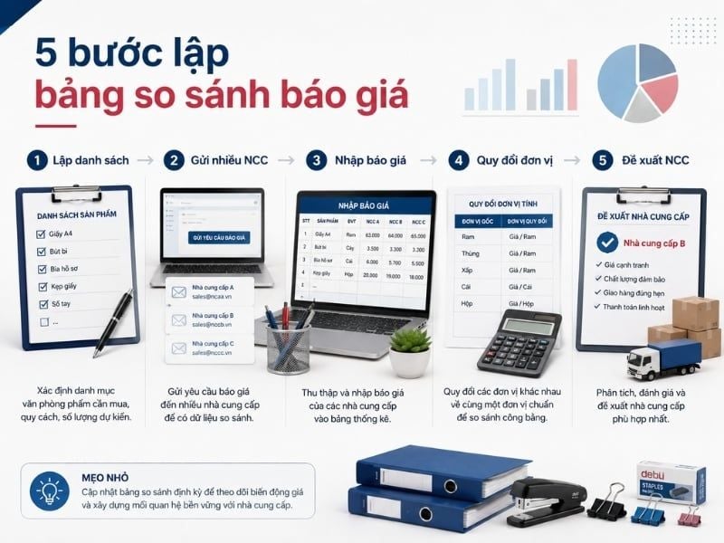 Quy trình 5 bước lập bảng so sánh báo giá văn phòng phẩm cho doanh nghiệp