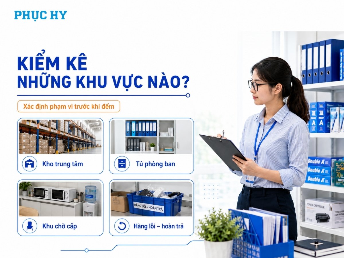 Phạm vi kiểm kê văn phòng phẩm gồm kho trung tâm, tủ phòng ban và hàng lỗi