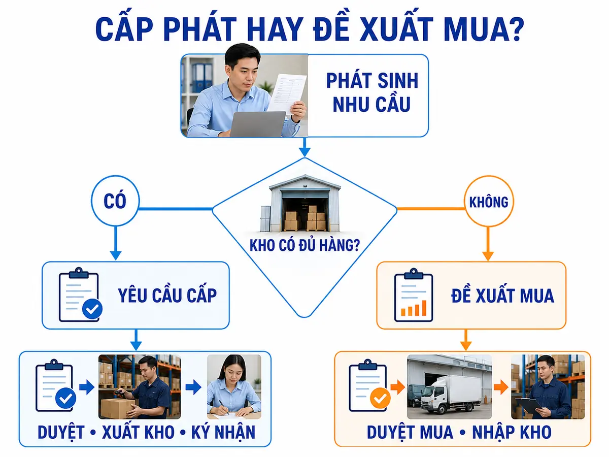 Phân biệt yêu cầu cấp phát văn phòng phẩm và đề xuất mua khi kho thiếu hàng