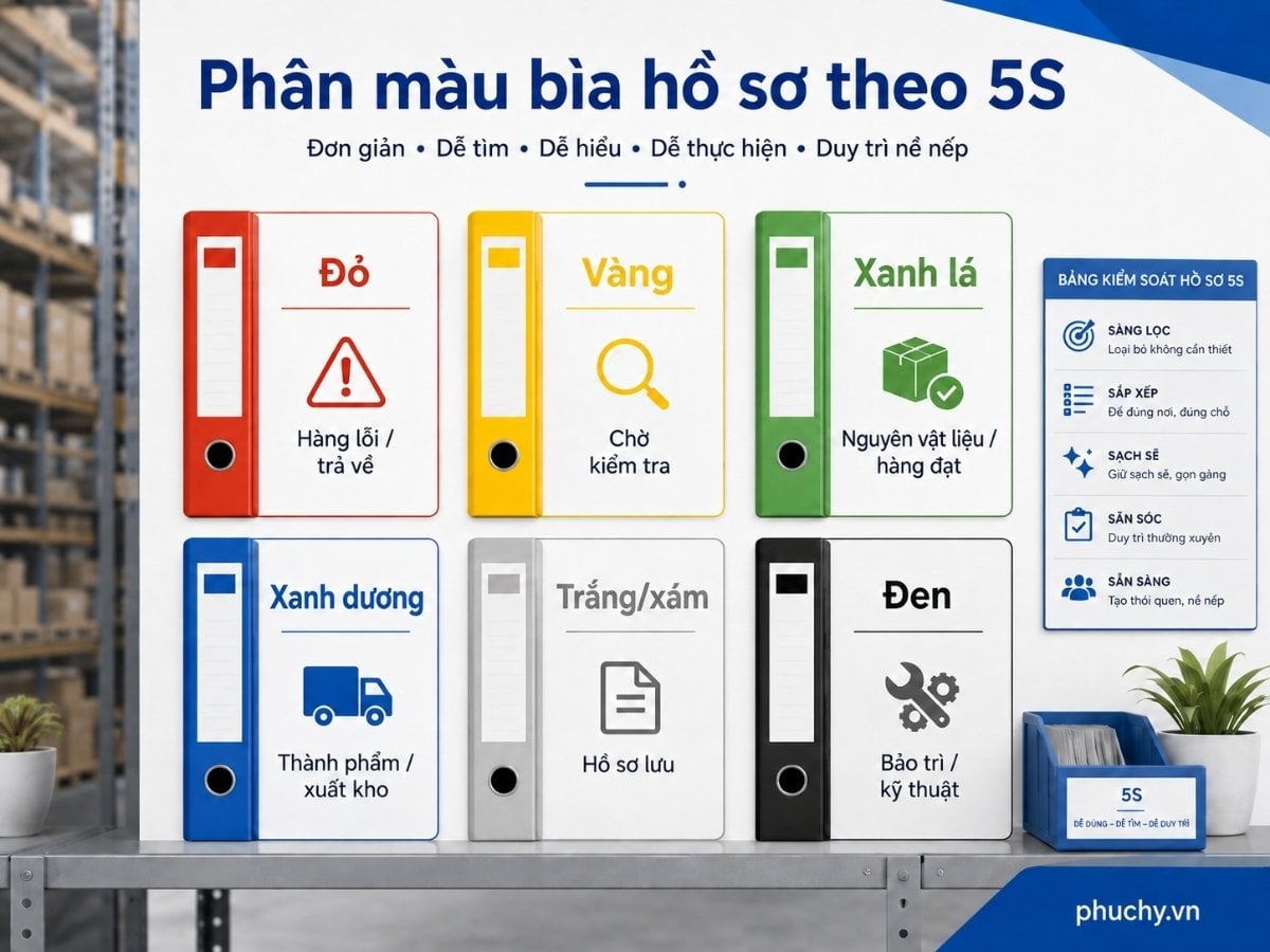 Phân màu bìa hồ sơ kho xưởng theo 5S
