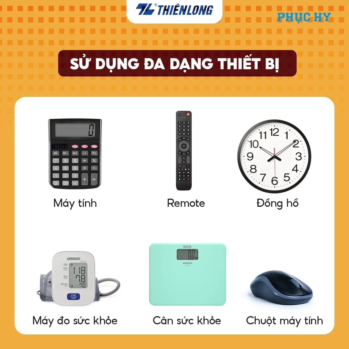 Thiết bị sử dụng Pin Alkaline AAA Flexio gồm remote, đồng hồ, máy tính, cân và chuột