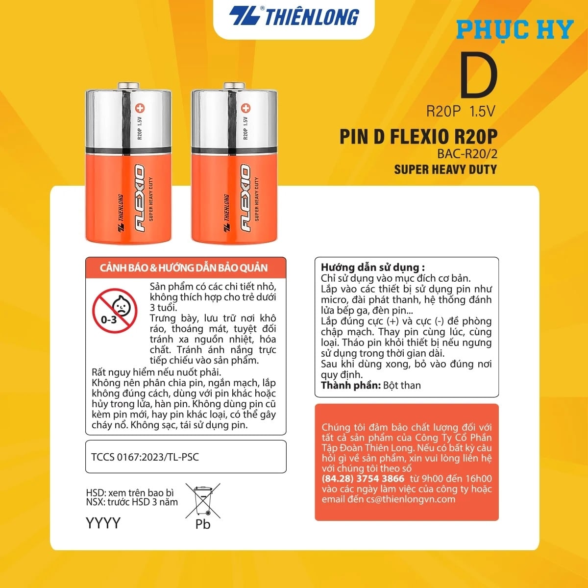 Mặt sau lốc Pin Carbon D Thiên Long Flexio BAC-R20/2 kèm hướng dẫn và cảnh báo
