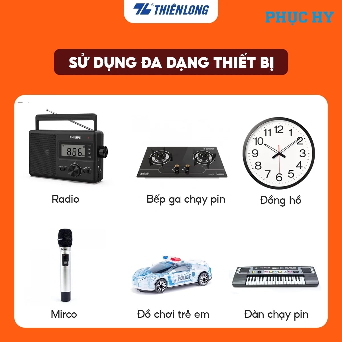 Thiết bị sử dụng Pin Carbon D Flexio gồm radio bếp gas đồng hồ micro đồ chơi và đàn