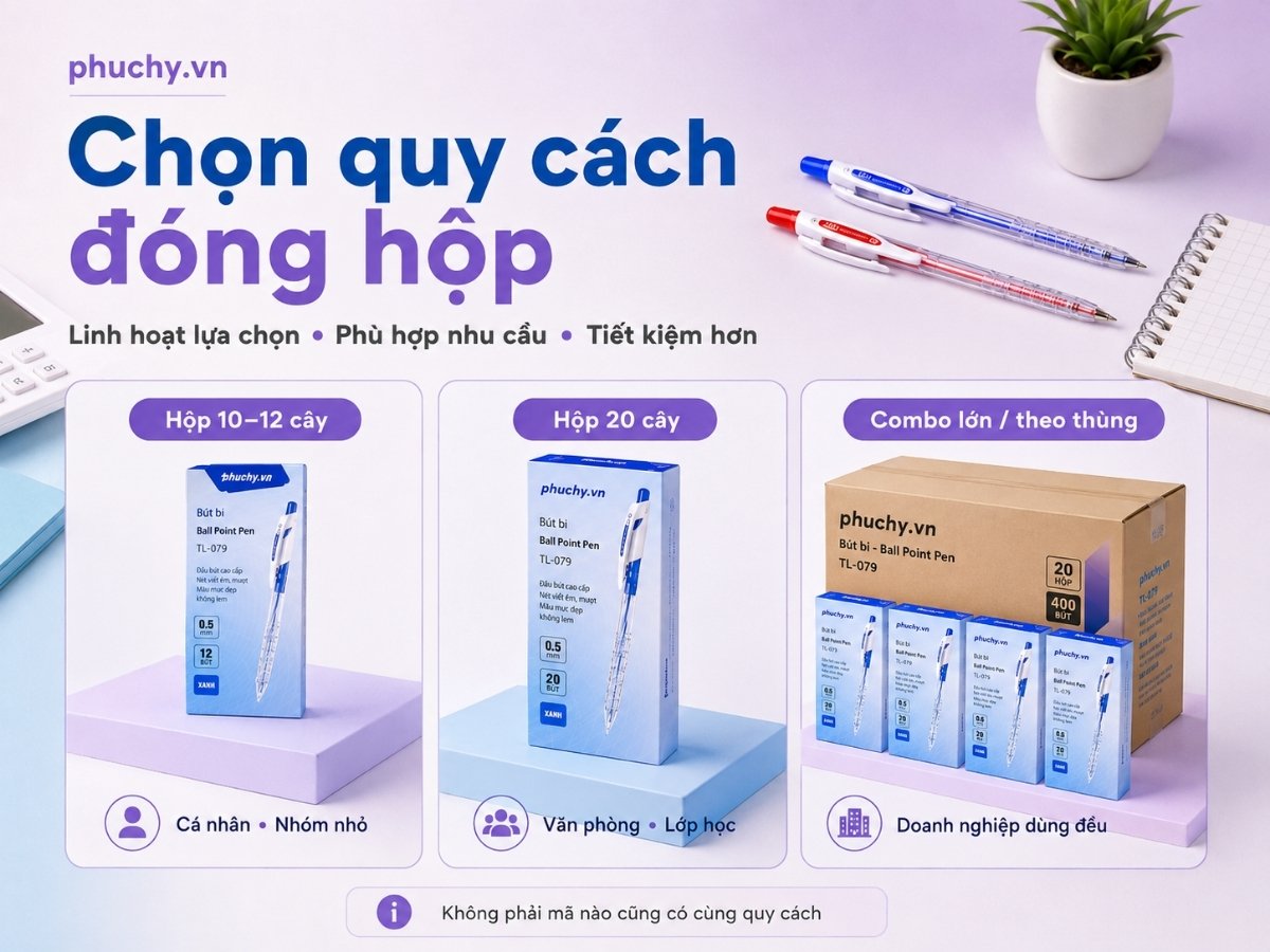 Quy cách bút bi theo hộp và theo thùng cho văn phòng